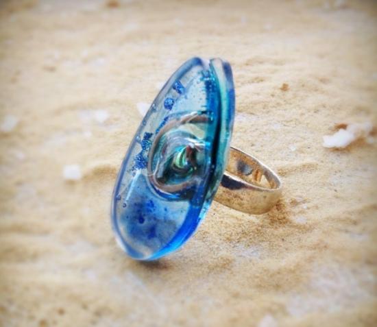 bague goutte deau  bleu turq et fil argent 