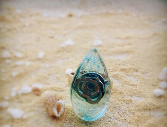 bague goutte deau vert bleu turquoise et fil argent