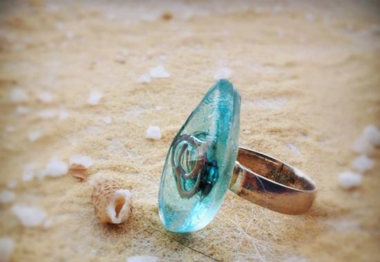 bague goutte deau vert bleu turquoise et fil d'argent