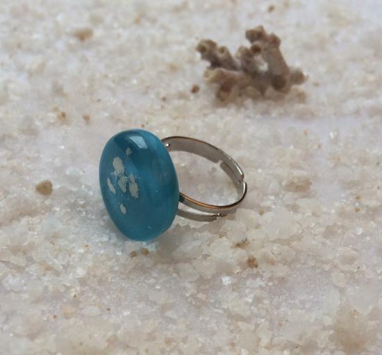 bague ronde bleu turquoise paillettes argent 1