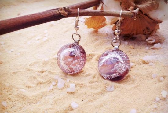 boucles d'oreilles crochets, ronde, vieux rose bullé