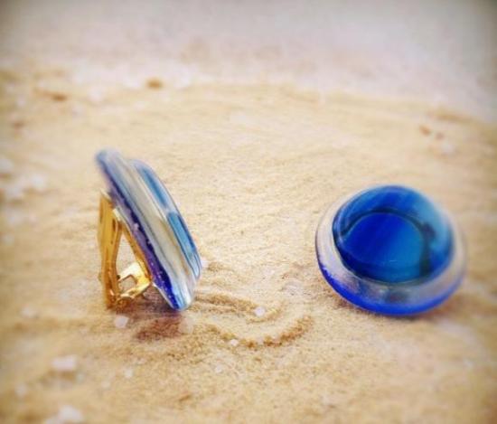 boucle oreilles clips ronde bleue