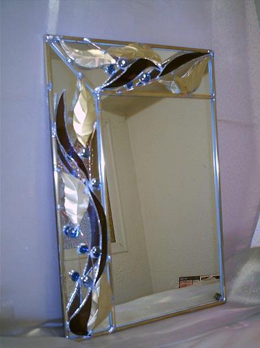 Miroirs +feuilles cuivre et verres thermoformés+nuggets bleues